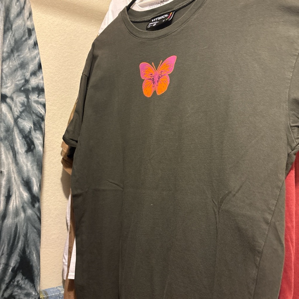 Olive Green grayish T-Shirt with Pink Butterfly